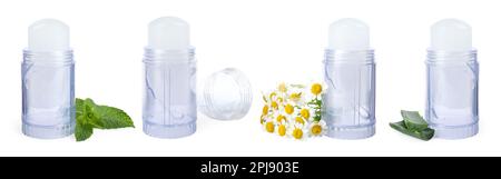 Set with different natural crystal alum deodorants on white background. Banner design Stock Photo