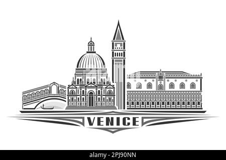 Vector illustration of Venice, monochrome horizontal card with linear design venice city scape, european historic line art concept with decorative let Stock Vector