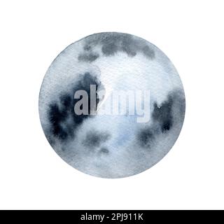 Hand painted watercolor planet. full moon. Magic design for printing on textiles, packaging, postcards, posters, covers. isolated on white background. Stock Photo