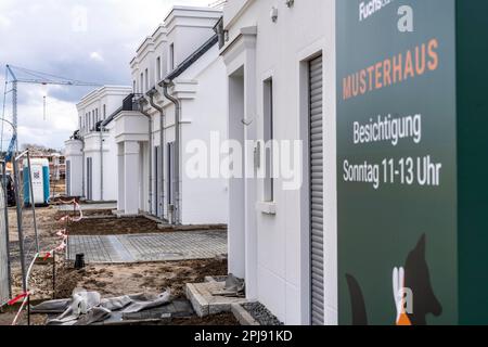 New development district, around 140 detached and semi-detached villas being built in the south of Duisburg, different developers, show house, NRW, Ge Stock Photo