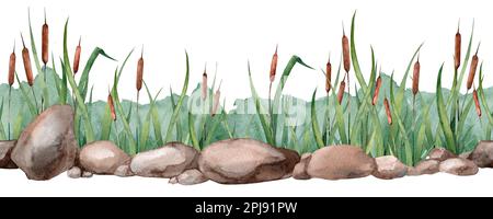 Seamless border with stones and reeds. Watercolor hand drawn illustration isolated on white background Stock Photo