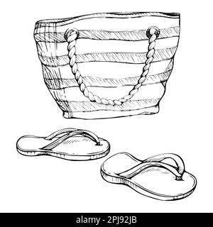 Hand drawn vector ink elements. Striped beach canvas bag, accessories, flip-flop sandals. Isolated on white background. Design wall art, wedding Stock Vector