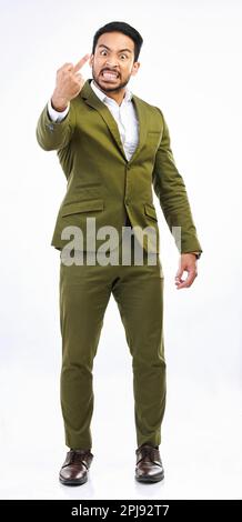 Angry, rude and portrait of a businessman with a middle finger isolated ...