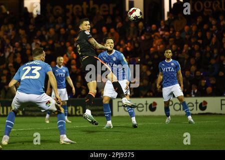 Salfords Callum Hendry heads close during the Sky Bet League 2 match between Stockport County and Salford City at the Edgeley Park Stadium, Stockport on Friday 31st March 2023. (Photo: Chris Donnelly | MI News) Credit: MI News & Sport /Alamy Live News Stock Photo