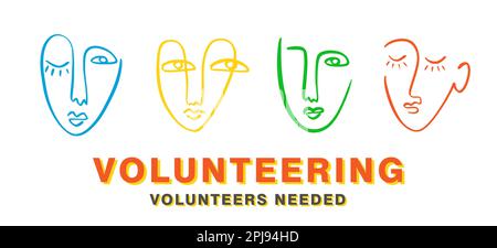 Volunteering Concept. Volunteers One line Faces Stock Vector