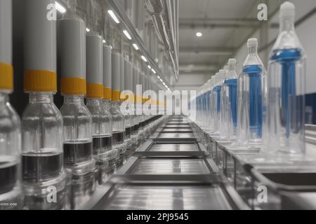 Close up view if vaccines and medications mass production in laboratory. Bottles moves on conveyor belt in Research Lab. Pharmaceutical industrial. Ai Stock Photo