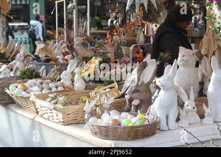 Easter eggs, decorative, painted, in basket Stock Photo