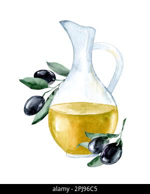 Bottle of fresh virgin olive oil with rosemary. Hand drawn watercolor ...