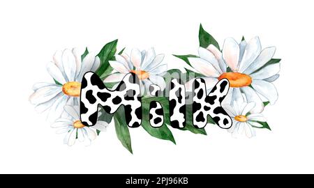 Milk logo template. The inscription on a milky background of chamomile flowers. Stylized inscription milk. Stock Photo