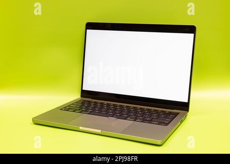 Modern metal laptop or notebook computer on a green background. White screen area for retouch Stock Photo
