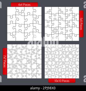 Jigsaw puzzle templates set, four different sizes, 4x4, 5z5, 7x7 and 10x10, vector eps10 illustration Stock Vector