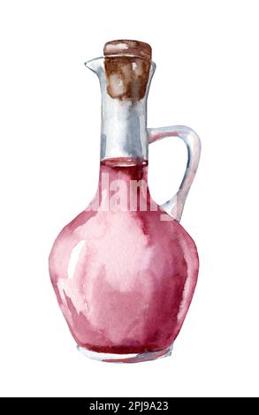 Jar with red wine vinegar. Watercolor hand drawn illustration, isolated on white background Stock Photo