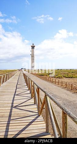 Morro Jable Lighthouse and Beach in Jandia, Fuerteventura, Las Palmas, Canary Islands, Spain, Europe Stock Photo