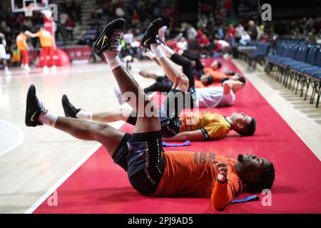 Belgrade, Serbia, 29 March 2023. The players of Valencia Basket warm up during the 2022/2023 Turkish Airlines EuroLeague match between Crvena Zvezda mts Belgrade and Valencia Basket at Aleksandar Nikolic Hall in Belgrade, Serbia. March 29, 2023. Credit: Nikola Krstic/Alamy Stock Photo