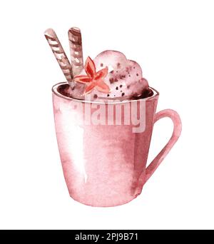 Mug with hot cocoa and sweetness isolated on white background. Watercolor illustration. Wafer rolls and whipped cream. Stock Photo