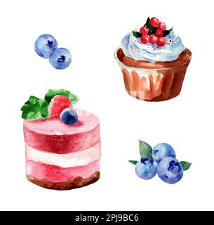 Set of 3 cupcakes with cream. Watercolor illustration isolated on white ...