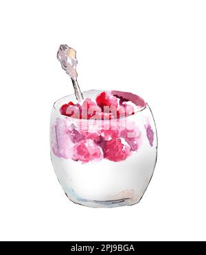 Watercolor illustration of creamy mousse with raspberries in glass glasses. Sweets for a healthy diet. Stock Photo