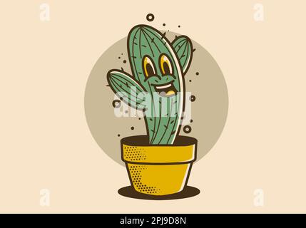 Mascot character illustration design of cactus with a cheerful face in a pot Stock Vector
