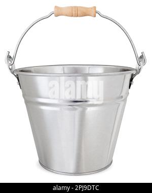 Metal garden vintage bucket with wooden handle, tool for gardening or for decorating flower arrangements or potting plants, front view isolated on whi Stock Photo