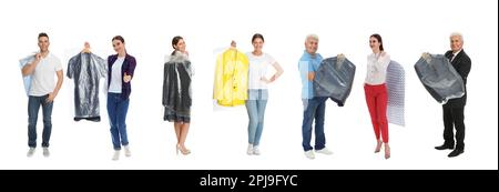 Collage with photos of people holding clothes on white background, banner design. Dry-cleaning service Stock Photo