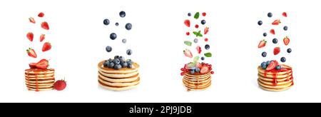 Set of delicious pancakes and different falling berries on white background, banner design Stock Photo