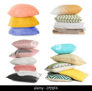 Set with different soft pillows on white background Stock Photo
