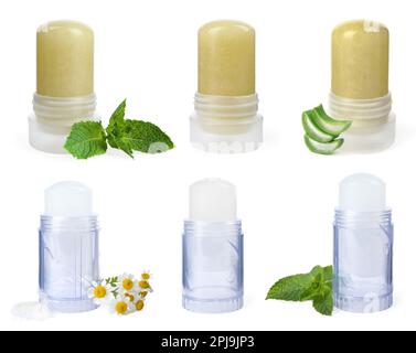 Set with different natural crystal alum deodorants on white background Stock Photo