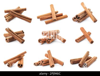 Set with aromatic cinnamon sticks on white background Stock Photo