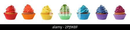 Set of colorful birthday cupcakes on white background. Banner design Stock Photo