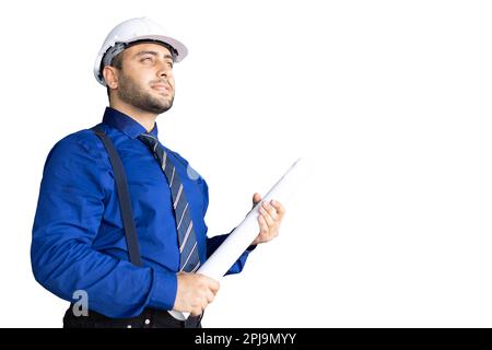 portrait indian hispanic male architect engineer project designer business manager looking proud isolated on white background Stock Photo