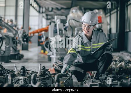 Happy woman engineer worker work in modern machine part factory working check products stock order Stock Photo