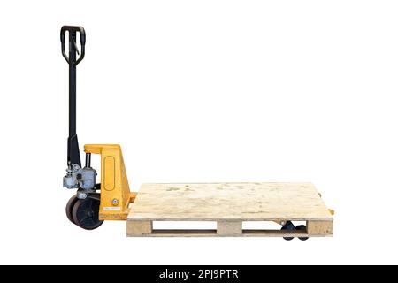 Hand Pallet Truck Manual Pallet Lifting Cargo Move Tool isolated on white background Stock Photo