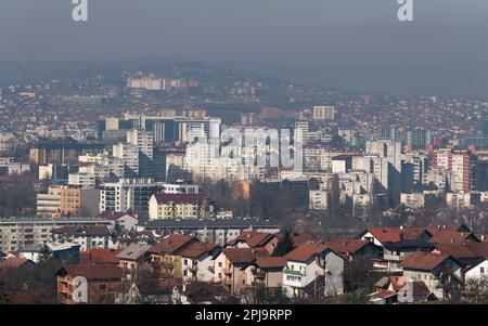 Cityscape of Banja Luka during sunny day with haze in air Stock Photo