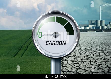 Gauge with inscription CARBON and arrow points to zero on a background of landscape with half green field and half desert. High quality photo Stock Photo