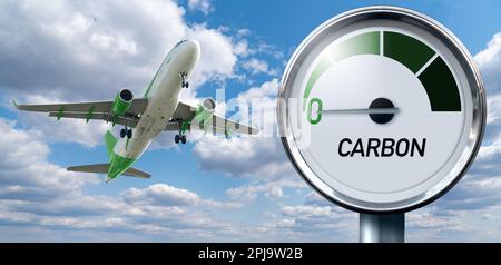 Gauge with inscription CARBON and arrow points to zero on a background of plane in sky. Concept of decarbonization and biofuel. High quality photo Stock Photo