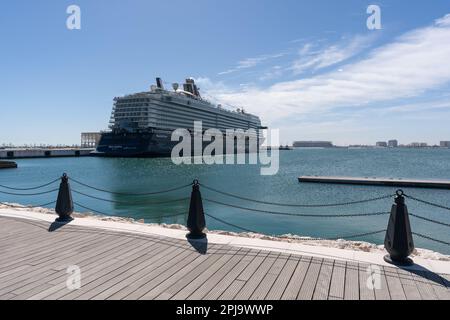 Doha, Qatar - March 18, 2023: Luxury cruise ship the Mein Schiff 6 docked at wharf in Doha port, Qatar. Stock Photo