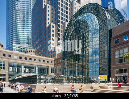 Brookfield Place’s atrium, Winter Garden, is a glass-vaulted pavilion that dominates the plaza surrounding North Cove Marina in Battery Park City. Stock Photo