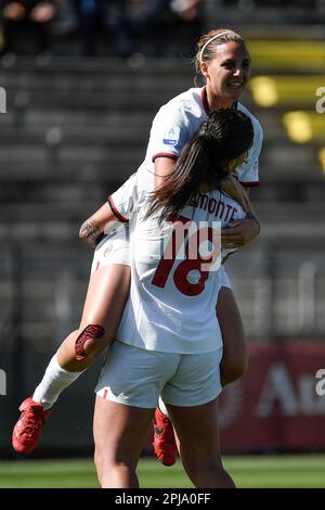 Rome, Italy. 01st Apr, 2023. Valery Vigilucci of AC Milan (up) celebrates with Martina Piemonte after scoring the goal of 1-1 during the Women Serie A playoff football match between AS Roma and AC Milan at tre fontane stadium, Rome (Italy), April 1st, 2023. Credit: Insidefoto di andrea staccioli/Alamy Live News Stock Photo
