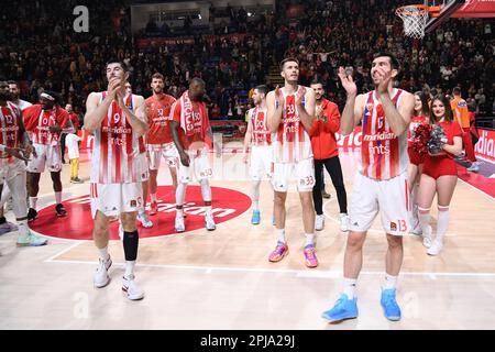 Belgrade, Serbia, 29 March 2023. The players of Crvena Zvezda mts Belgrade celebrate the victory during the 2022/2023 Turkish Airlines EuroLeague match between Crvena Zvezda mts Belgrade and Valencia Basket at Aleksandar Nikolic Hall in Belgrade, Serbia. March 29, 2023. Credit: Nikola Krstic/Alamy Stock Photo