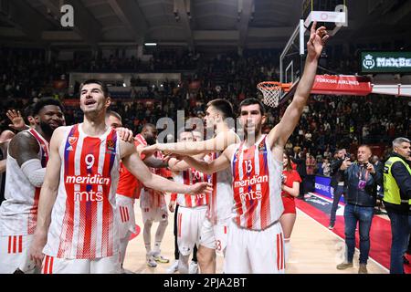 Belgrade, Serbia, 29 March 2023. The players of Crvena Zvezda mts Belgrade celebrate the victory during the 2022/2023 Turkish Airlines EuroLeague match between Crvena Zvezda mts Belgrade and Valencia Basket at Aleksandar Nikolic Hall in Belgrade, Serbia. March 29, 2023. Credit: Nikola Krstic/Alamy Stock Photo
