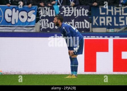 Karlsruhe, Germany. 01st Apr, 2023. Soccer: 2. Bundesliga, Matchday 26, Karlsruher SC - Eintracht Braunschweig at BBBank Wildpark. A disappointed Fabian Schleusener from Karlsruhe after the draw against Braunschweig. Credit: Hasan Bratic/dpa - IMPORTANT NOTE: In accordance with the requirements of the DFL Deutsche Fußball Liga and the DFB Deutscher Fußball-Bund, it is prohibited to use or have used photographs taken in the stadium and/or of the match in the form of sequence pictures and/or video-like photo series./dpa/Alamy Live News Stock Photo