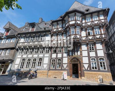 Historic, charming medieval half timbered Hotel Alte Munze in Marktstrasse UNESCO world heritage site. Goslar. Stock Photo