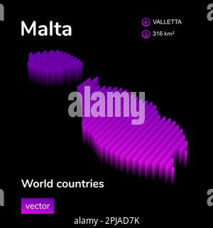 Malta 3D map. Stylized neon digital isometric striped vector Map in violet and pink colors on the black background Stock Vector