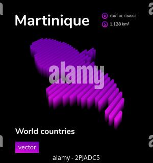 Martinique 3D map. Stylized neon simple digital isometric striped vector map is in violet colors on black background Stock Vector