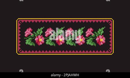 Cross stitch design with floral pattern. Isolated in dark bacjground Stock Vector