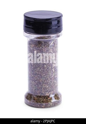 Jar of Basil Spice Cut Out on White. Stock Photo