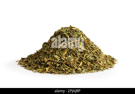 Heap of Crushed Basil Leaves Spice Cut Out on White. Stock Photo