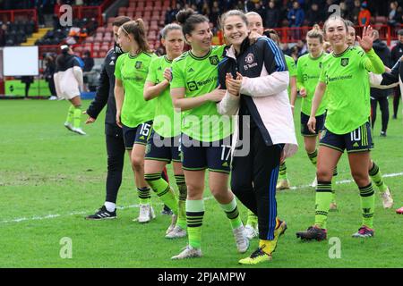 Crawley, UK. 01st Apr, 2023. Broadfield Stadium, Crawley, UK, April 01, 2023 Manchester United players celebrating with their supporters after a WSL game on 01 April, 2023, between Brighton & Hove Albion and Manchester United at the Broadfield Stadium, Crawley, UK (Bettina Weissensteiner/SPP) Credit: SPP Sport Press Photo. /Alamy Live News Stock Photo