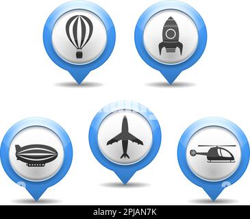 Map markers with air transport icons, vector eps10 illustration Stock Vector