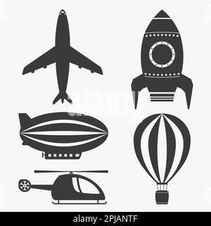 Air transport icons set, helicopter, airplane, hot air ballon, airship and rocket, vector eps10 illustration Stock Vector